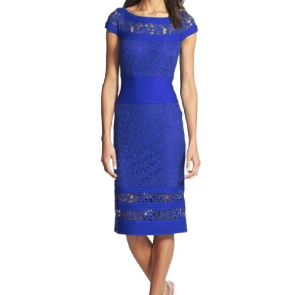 TADASHI SHOJI Blue Lace & Pintuck Bateau Neckline Sheath Dress Sz 10 Cocktail - Picture 3 of 11